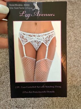 Leg Avenue White Lace Garterbelt Set with Thong and Fishnet Thigh Highs